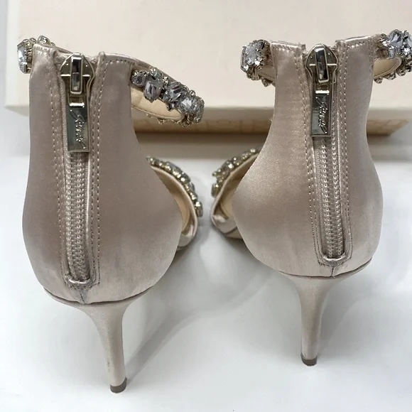 JEWEL BADGLEY MISCHKA Caroline Rhinestone Champagne Ankle Beaded Heels Size 7.5 - Picture 6 of 16